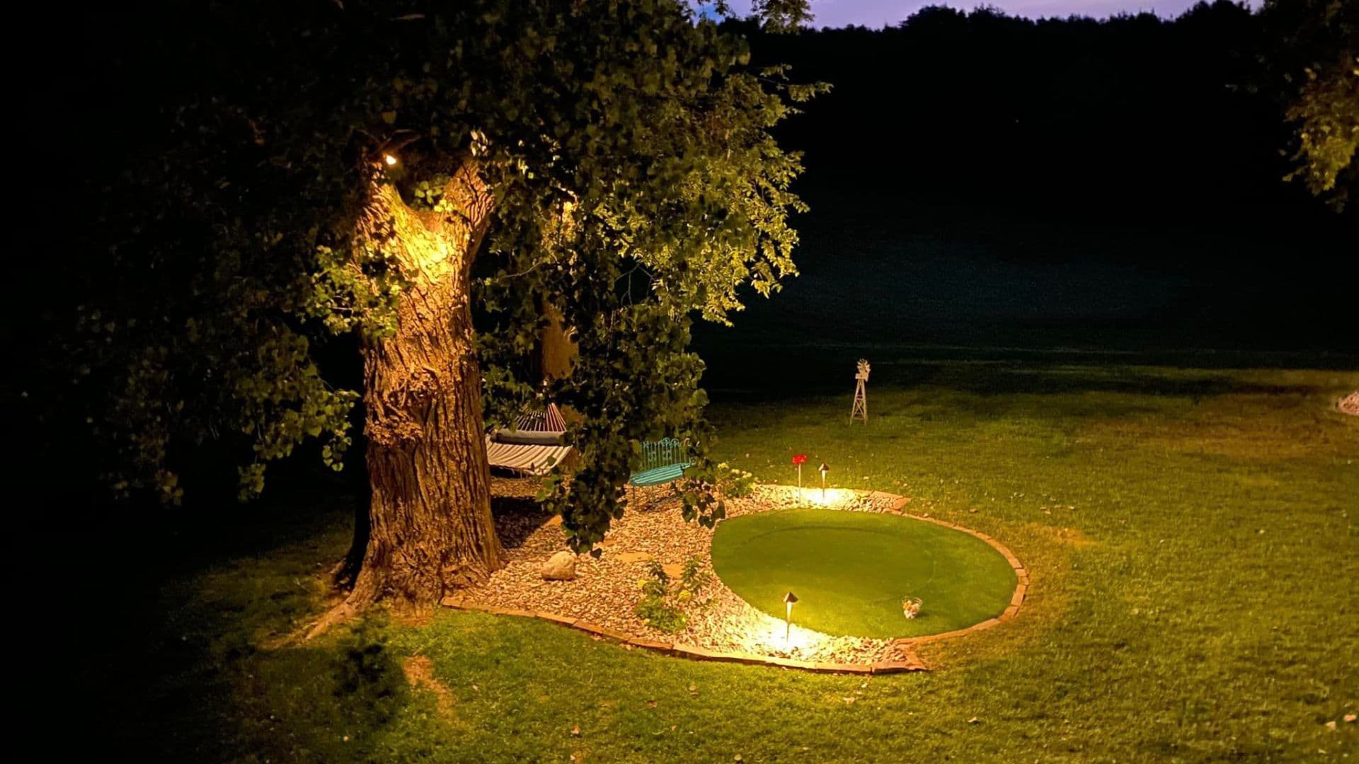 Tree uplighting with putting green and hammock at dusk